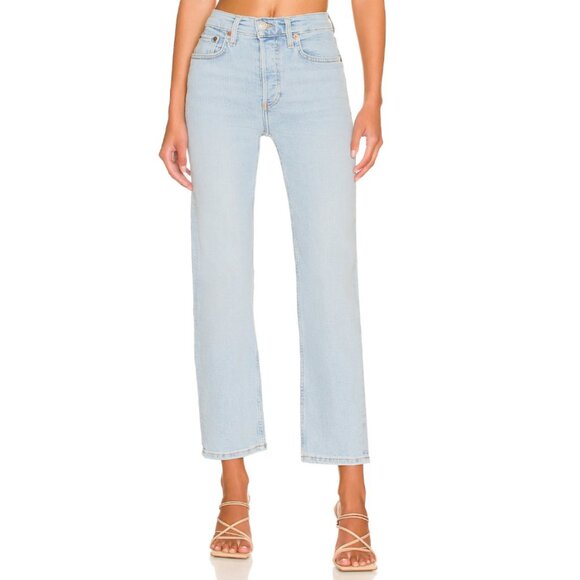 New Re/Done 70's Stove Pipe High Rise Waist Straight Leg Crop Light Wash Vintage - Picture 5 of 16